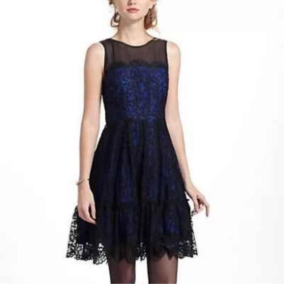 Anthro Moulinette Soeurs Size 6 Sapphire Illusion Layered Lace & Tulle Dress - Picture 1 of 13